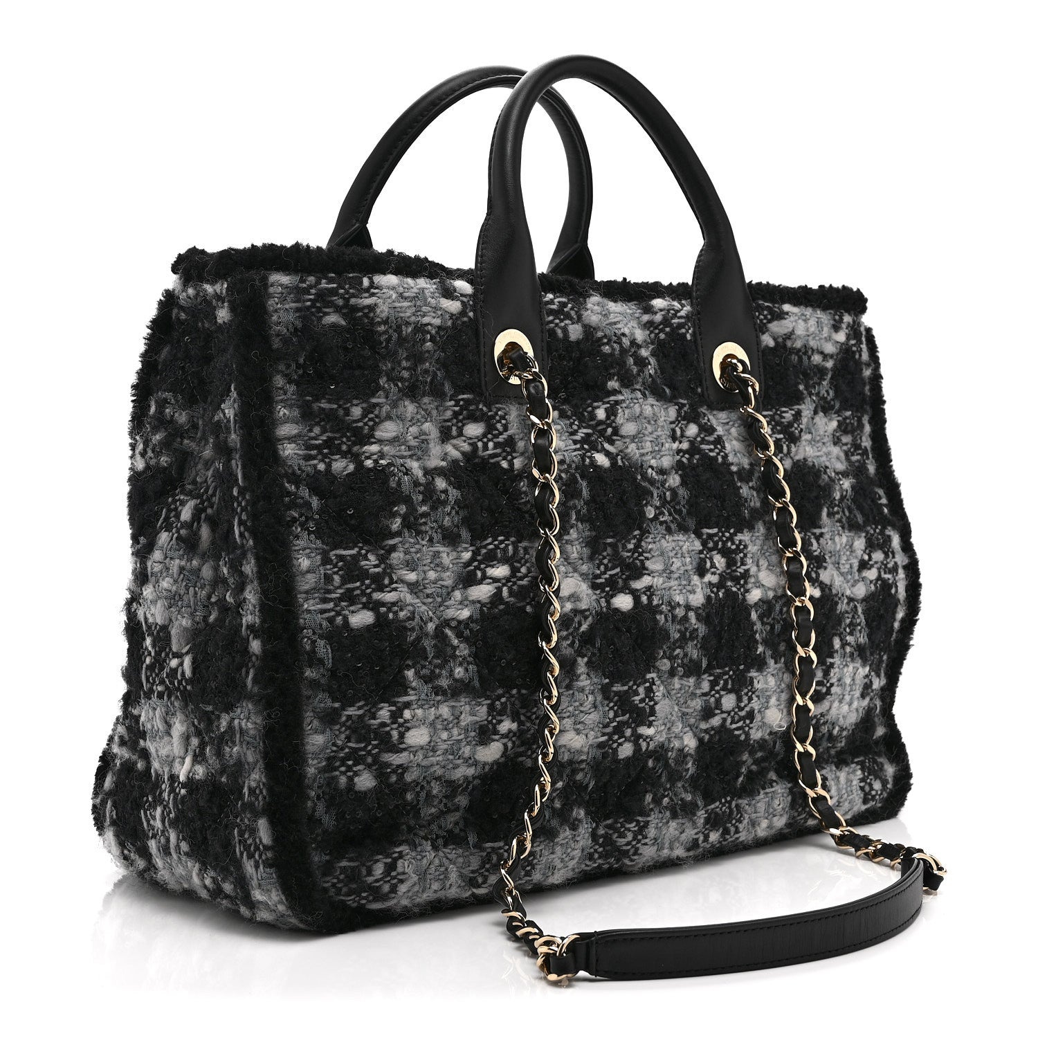 Tweed Shearling Quilted Lambskin Shopping Tote  Black Grey