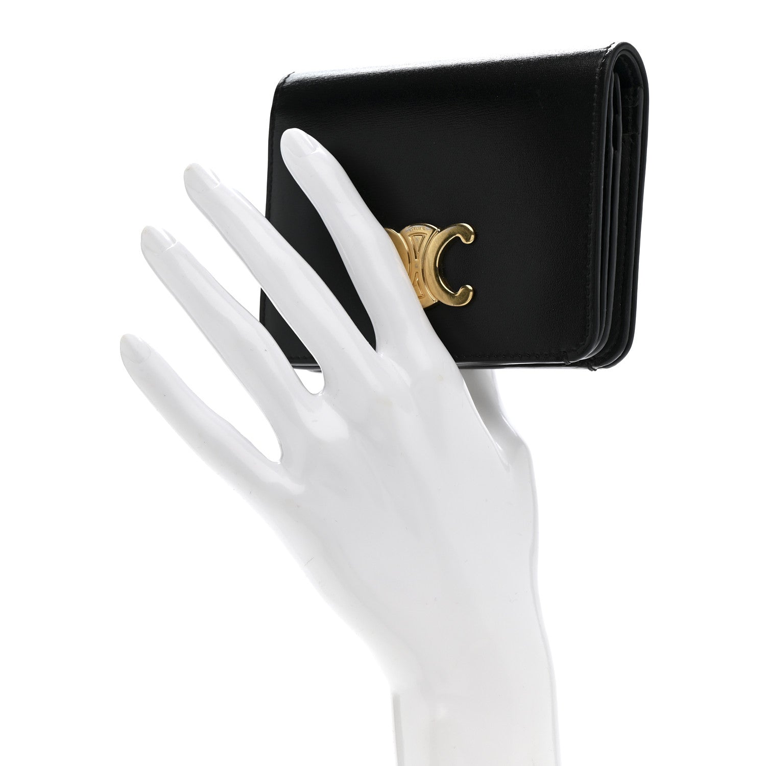 Shiny Calfskin Triomphe Compact Wallet Black