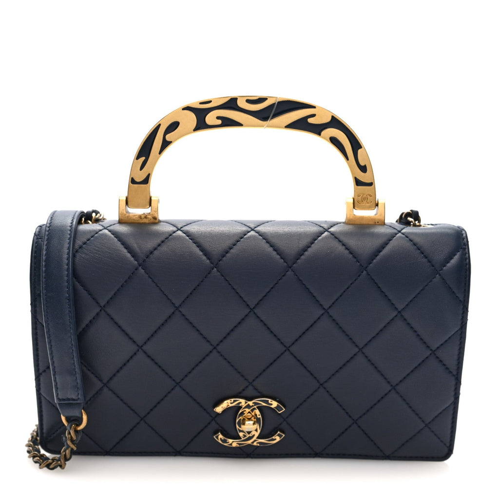 Lambskin Quilted Small Art Nouvelle Flap Bag Navy
