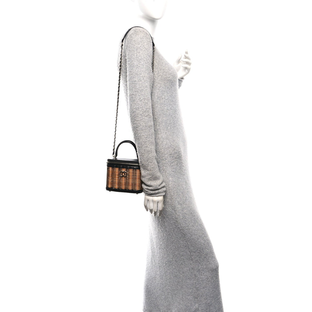 Calfskin Raffia Small Vanity Case Bag Black Beige