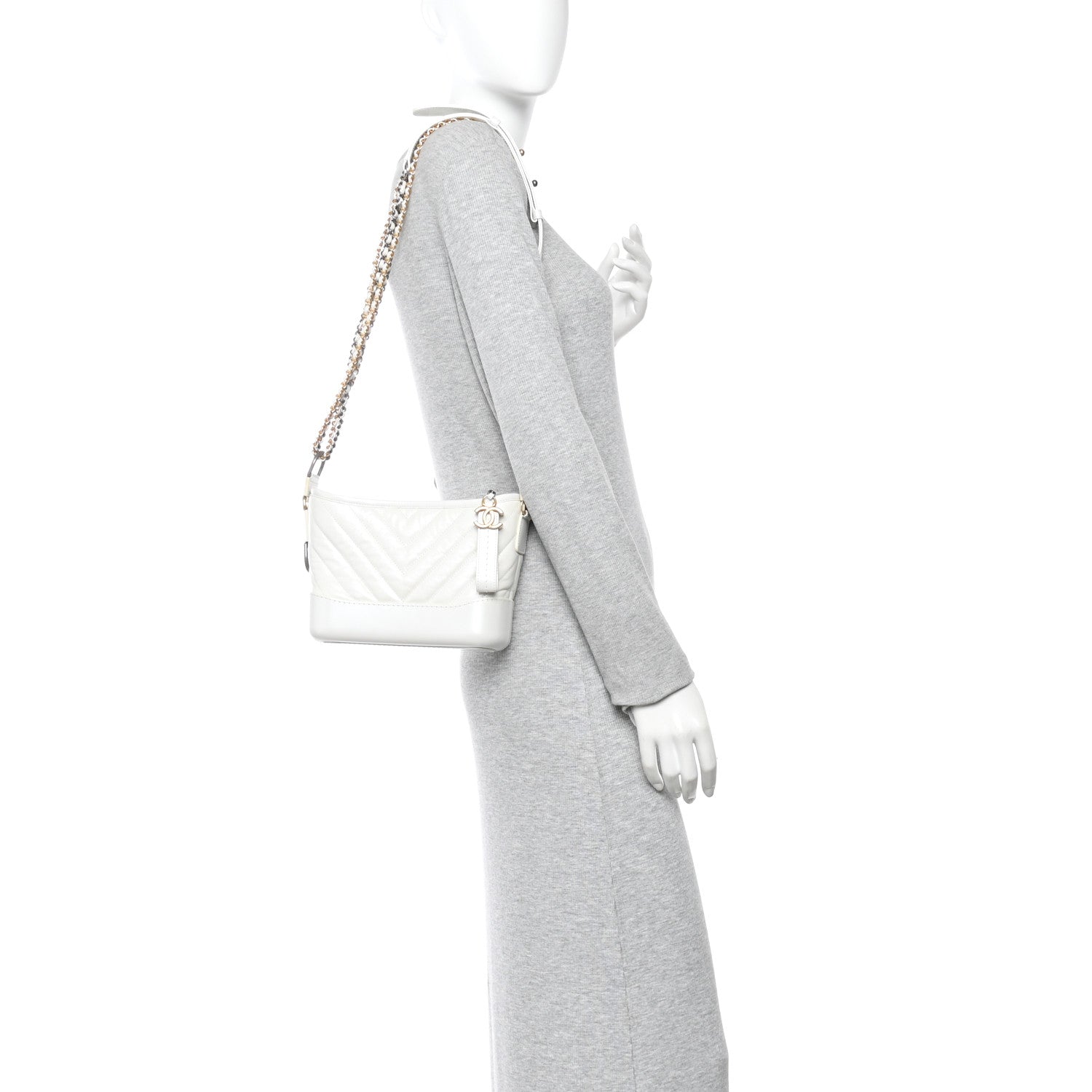Iridescent Aged Calfskin Chevron Quilted Small Gabrielle Hobo White