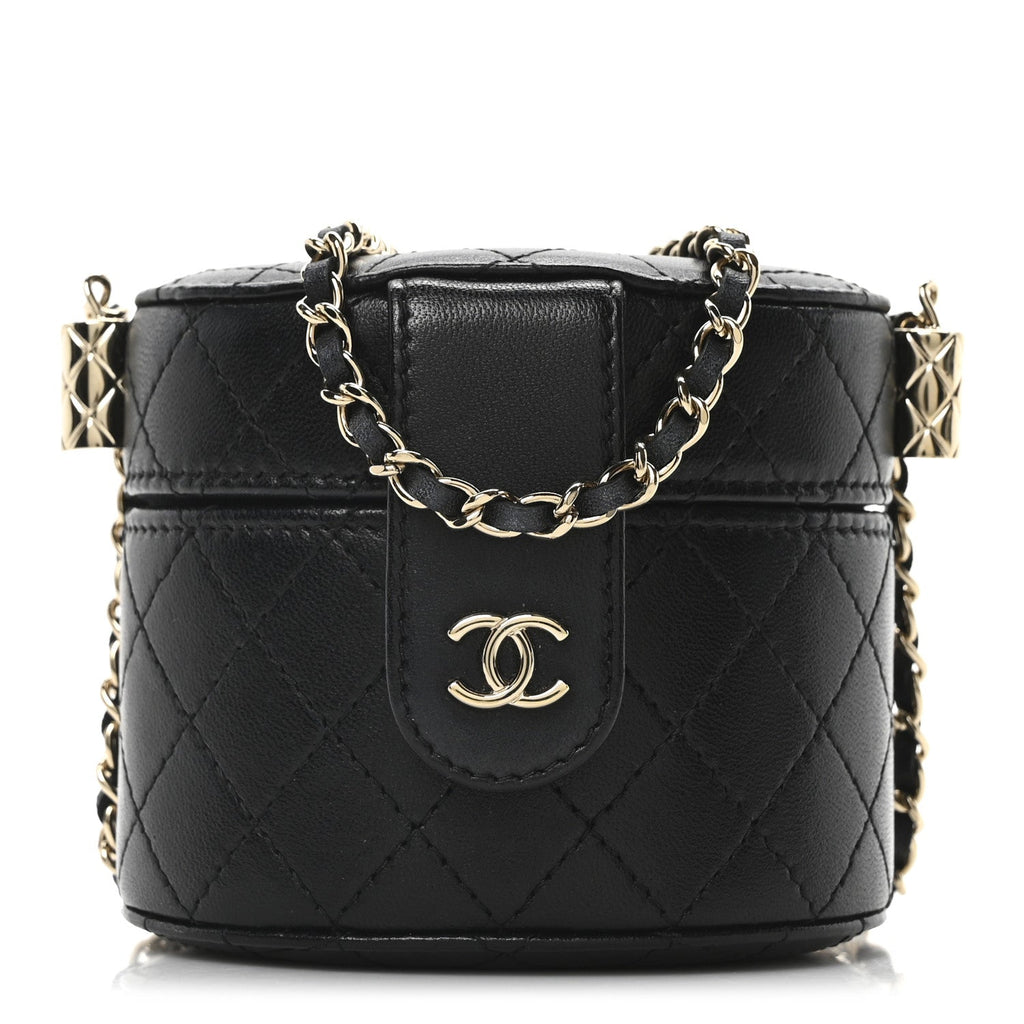 Lambskin Quilted Mini Round Vanity Case With Chain Black