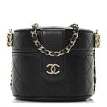 Lambskin Quilted Mini Round Vanity Case With Chain Black