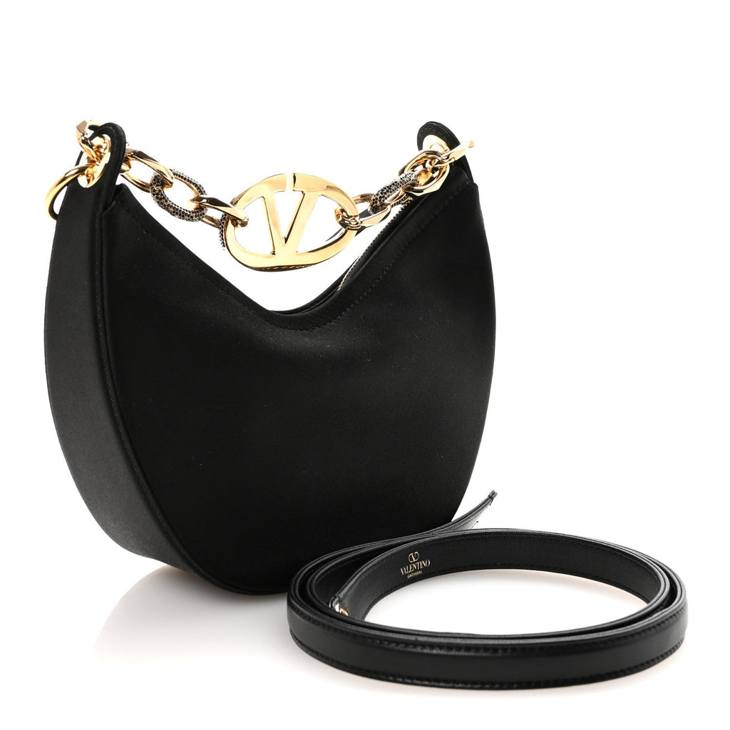 Satin Crystal Mini Vlogo Moon Bag Black
