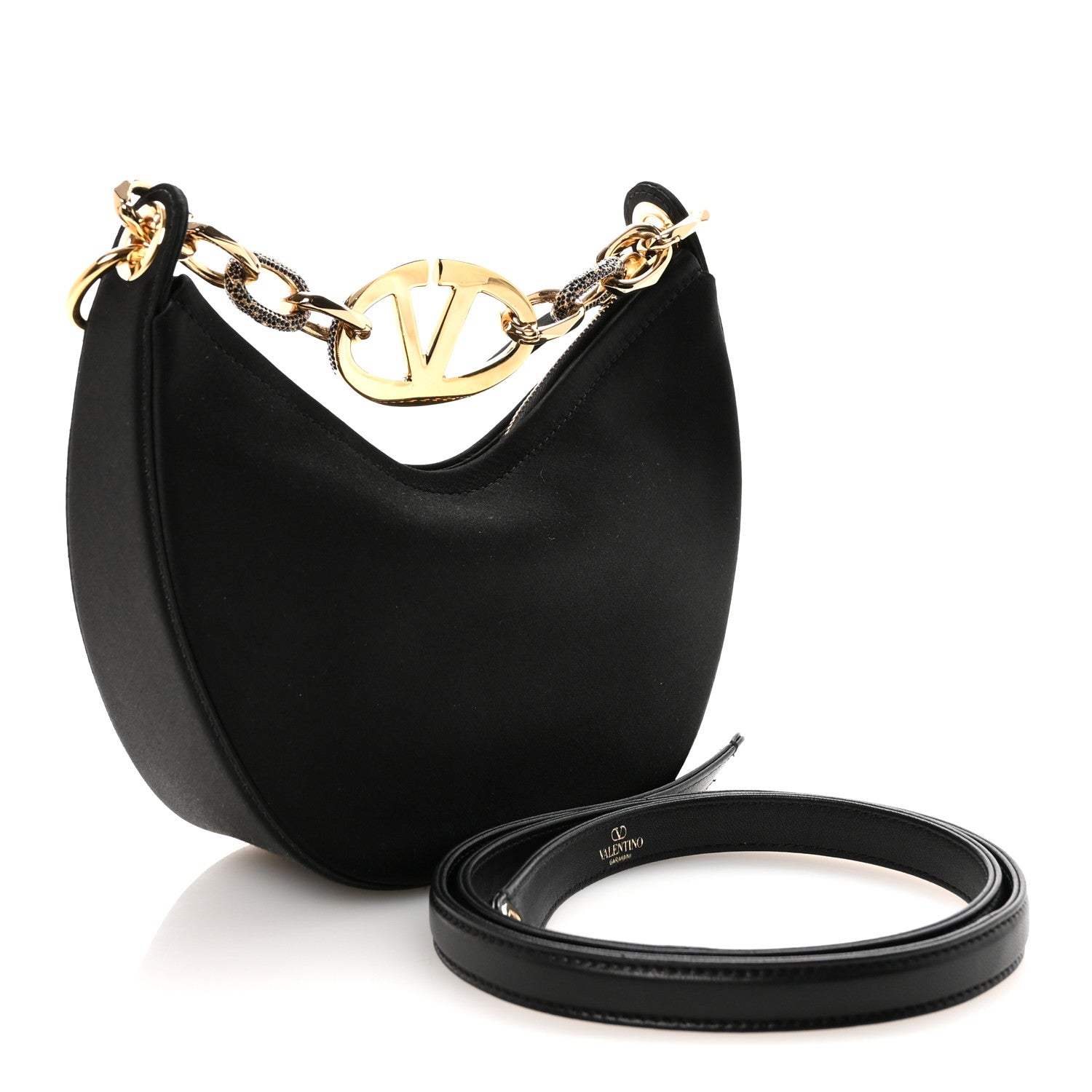 Satin Crystal Mini Vlogo Moon Bag Black