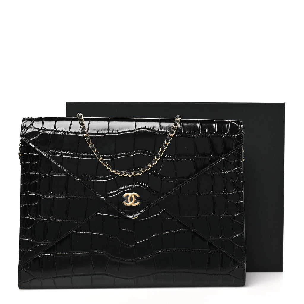 Calfskin Crocodile Embossed Croc Illusion Clutch With Chain  Black