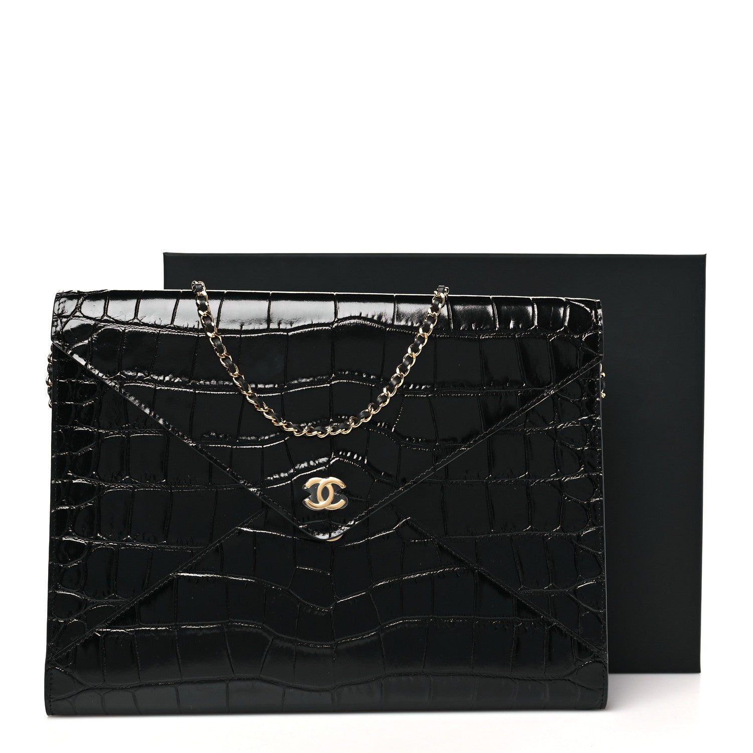 Calfskin Crocodile Embossed Croc Illusion Clutch With Chain  Black