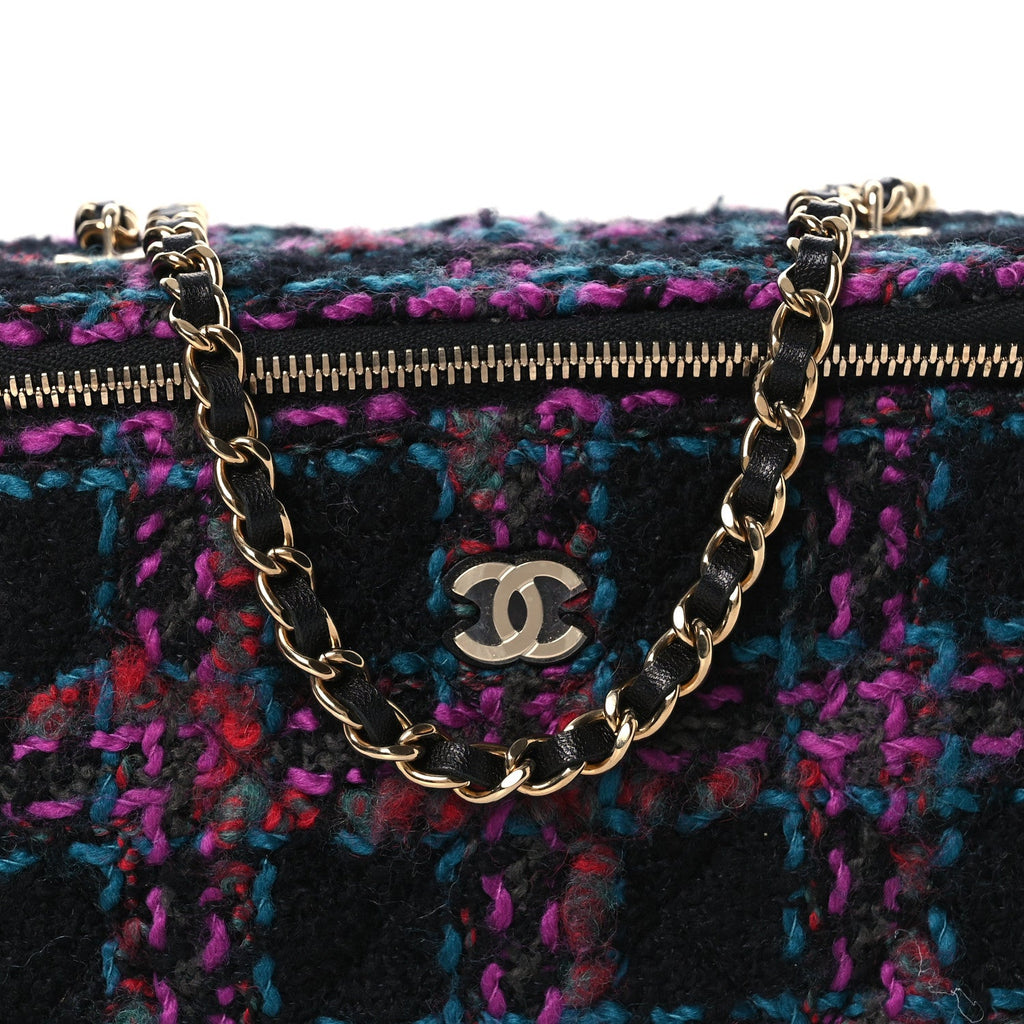 Tweed Quilted Small Vanity Case With Chain Black Purple Green Red