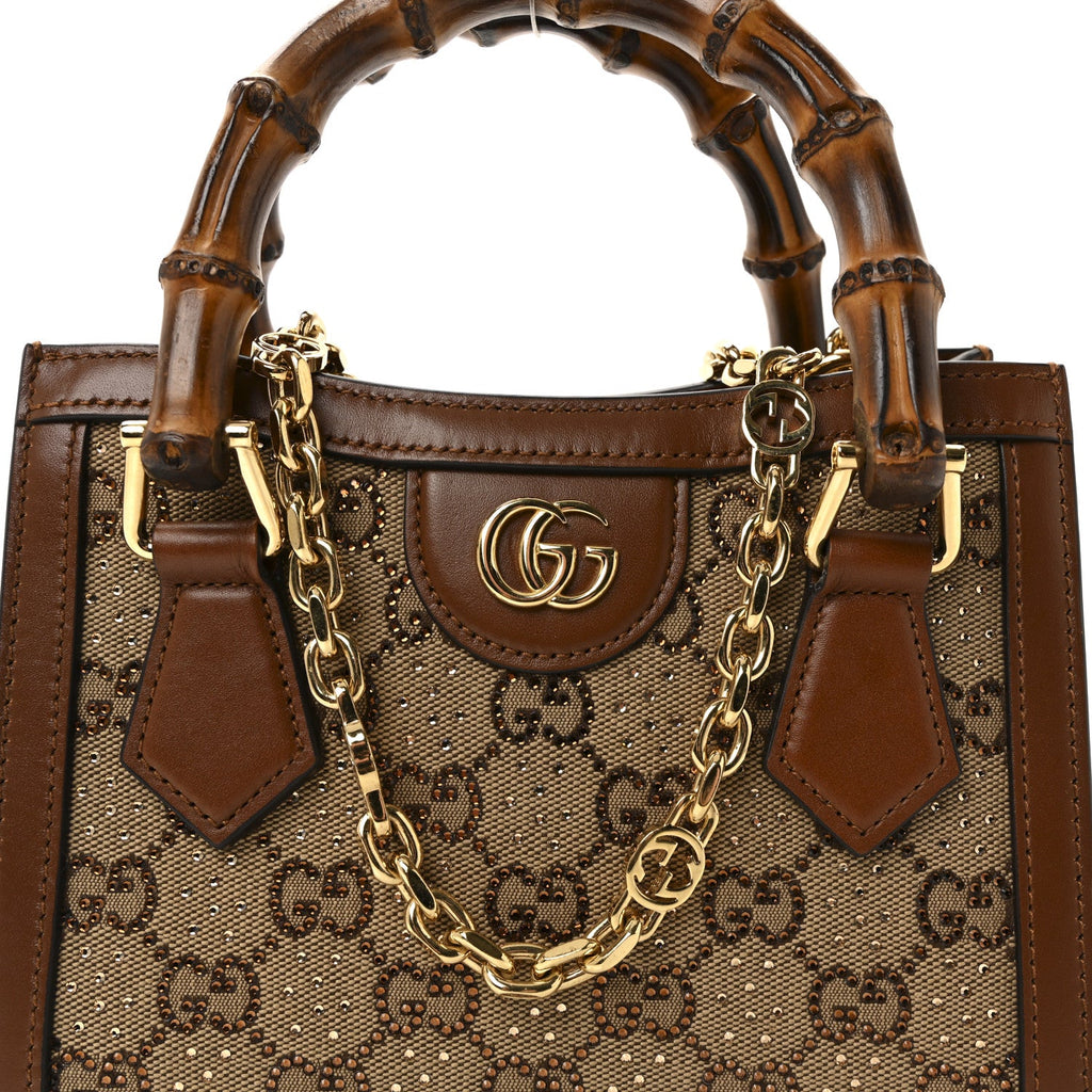 New Canvas Charisma Calfskin Crystal GG Monogram Mini Diana Tote Bag Camel Ebony