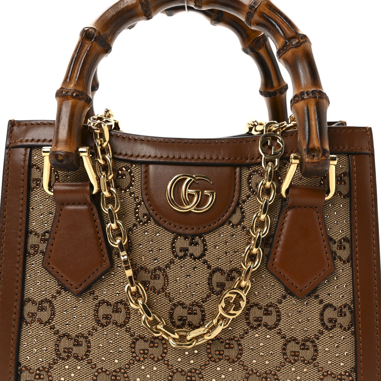 New Canvas Charisma Calfskin Crystal GG Monogram Mini Diana Tote Bag Camel Ebony