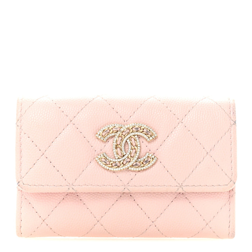Caviar Quilted Crystal CC Flap  Holder Pink