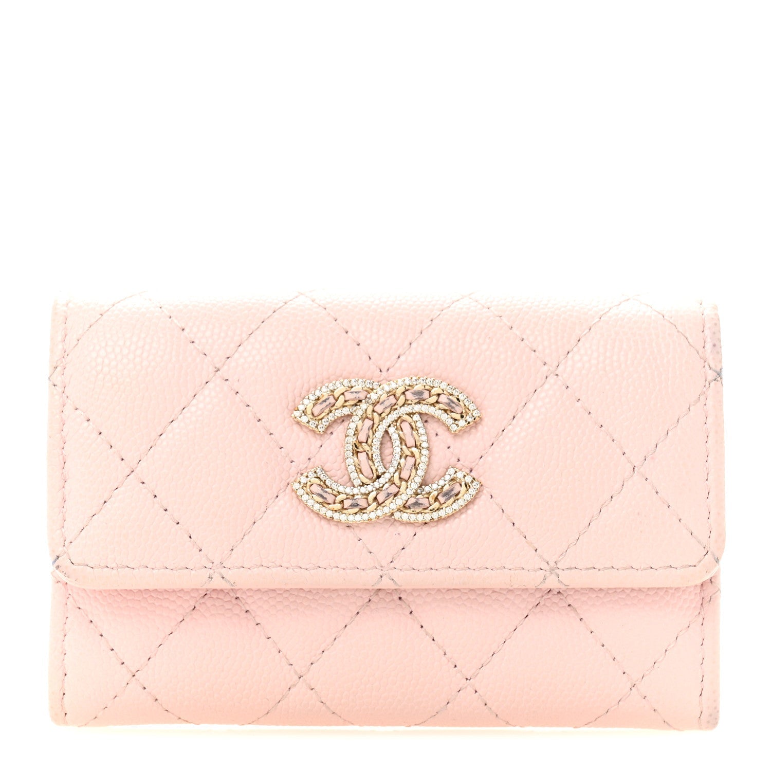 Caviar Quilted Crystal CC Flap  Holder Pink