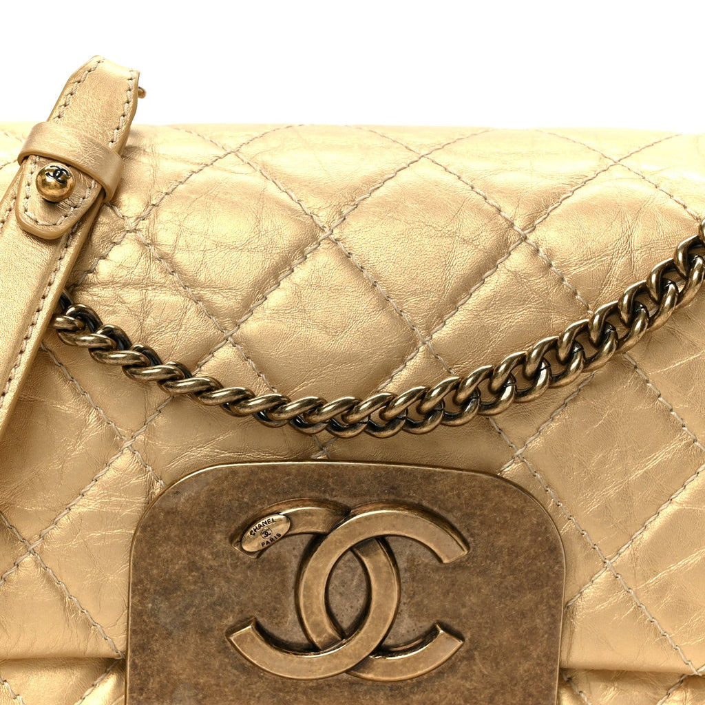 Metallic Aged Calfskin Quilted CC Square Flap Light Gold
