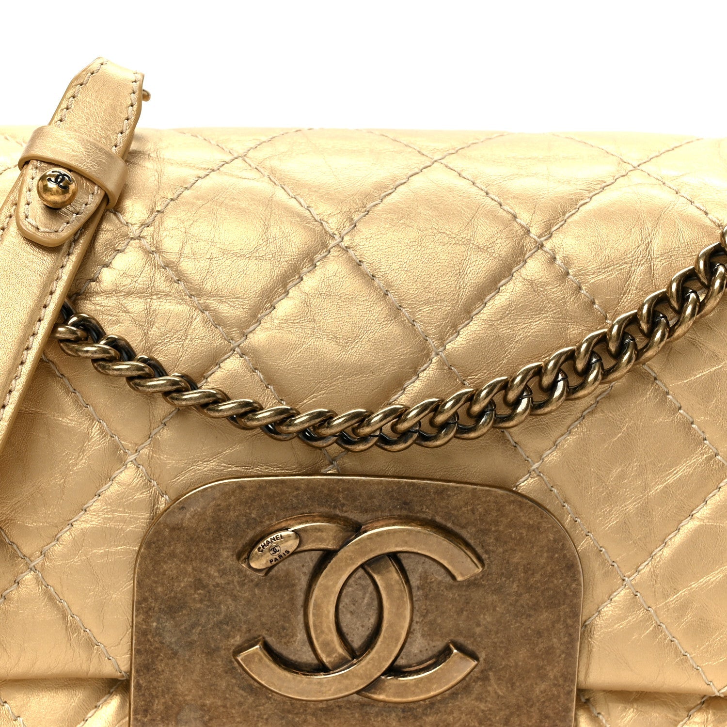 Metallic Aged Calfskin Quilted CC Square Flap Light Gold