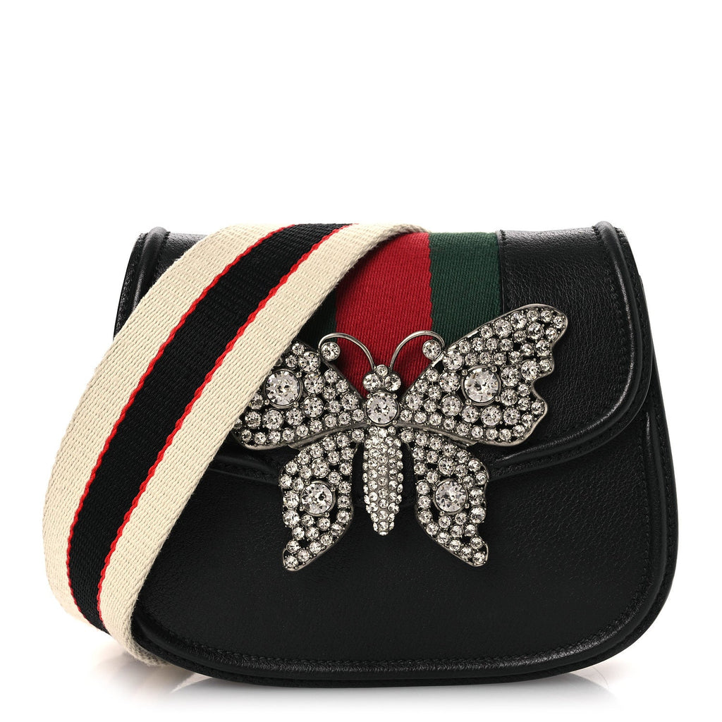 Calfskin Web Crystal Butterfly Stripe Small Totem Shoulder Bag Black