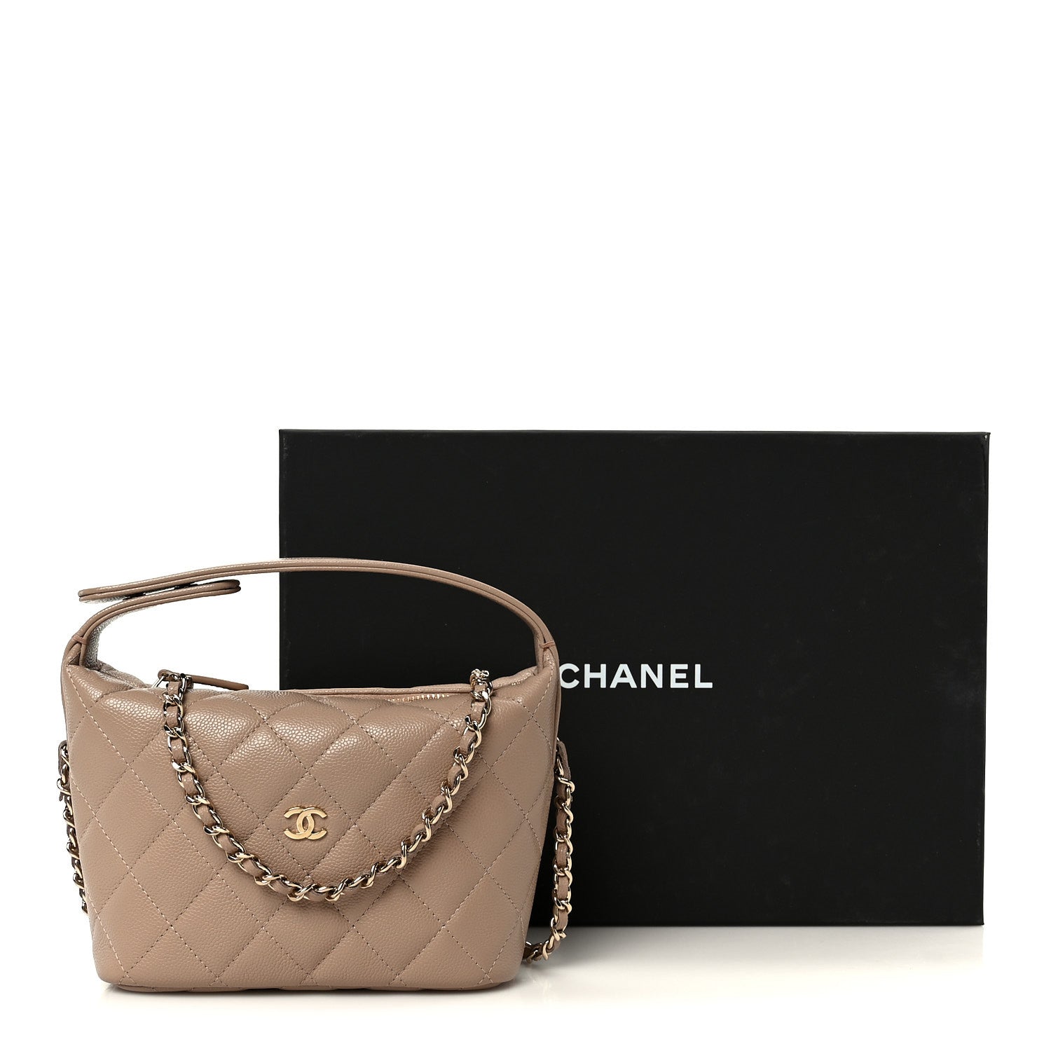 Caviar Quilted Hobo Clutch With Chain Dark Beige