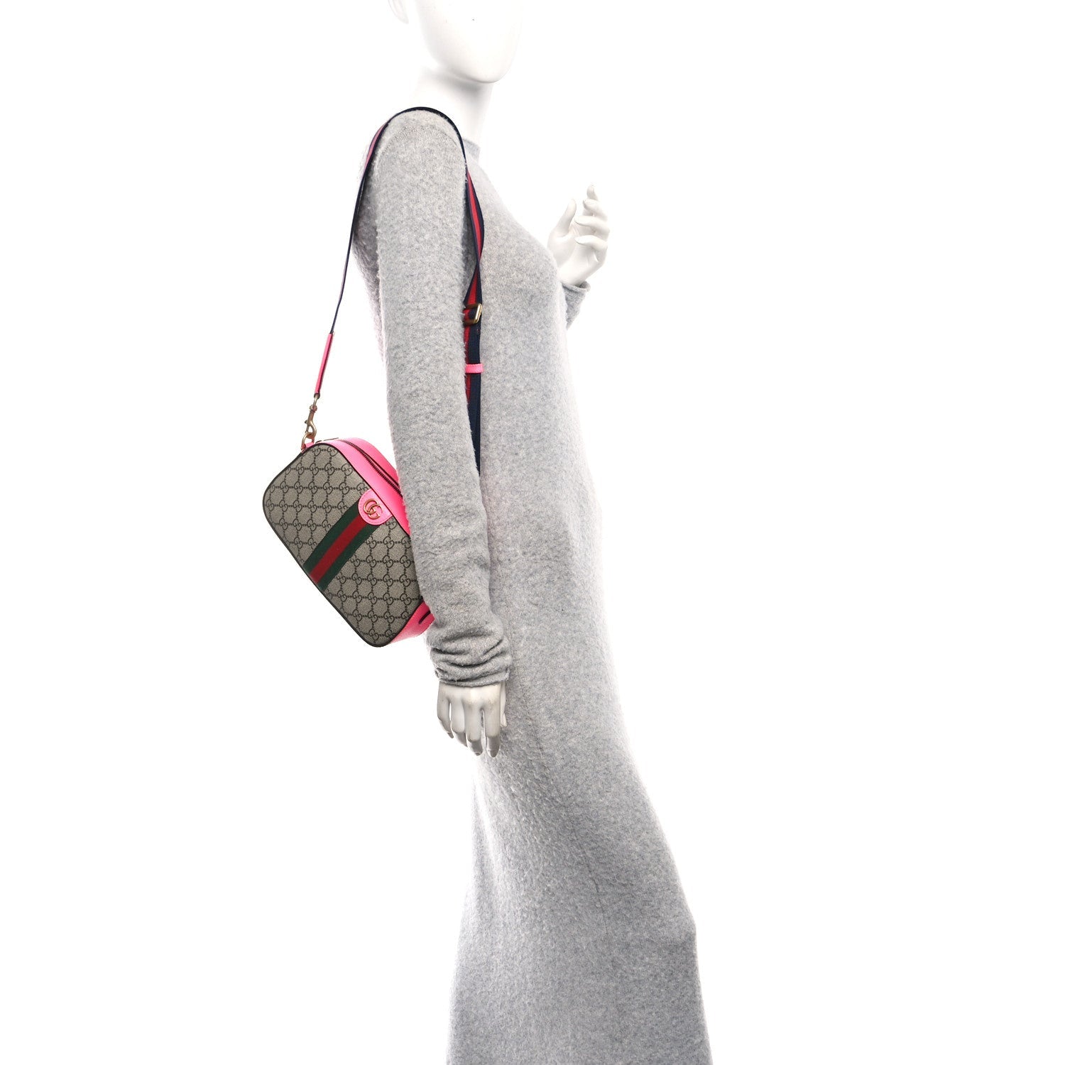 GG Supreme Monogram Textured Dollar Calfskin Web Ophidia Small Crossbody Bag Beige Ebony Fuchsia