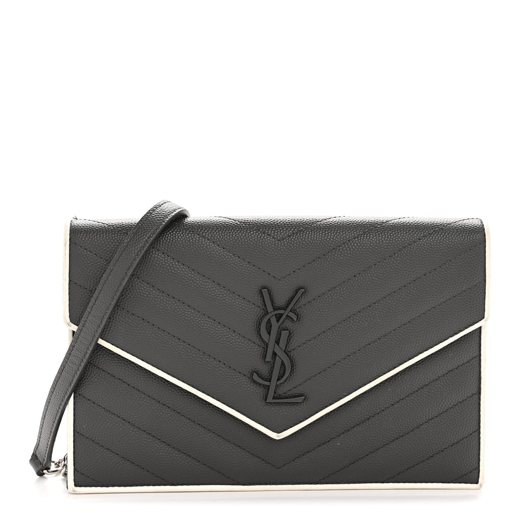 Grain De Poudre Matelasse Chevron Monogram Envelope Chain Wallet Asphalt White