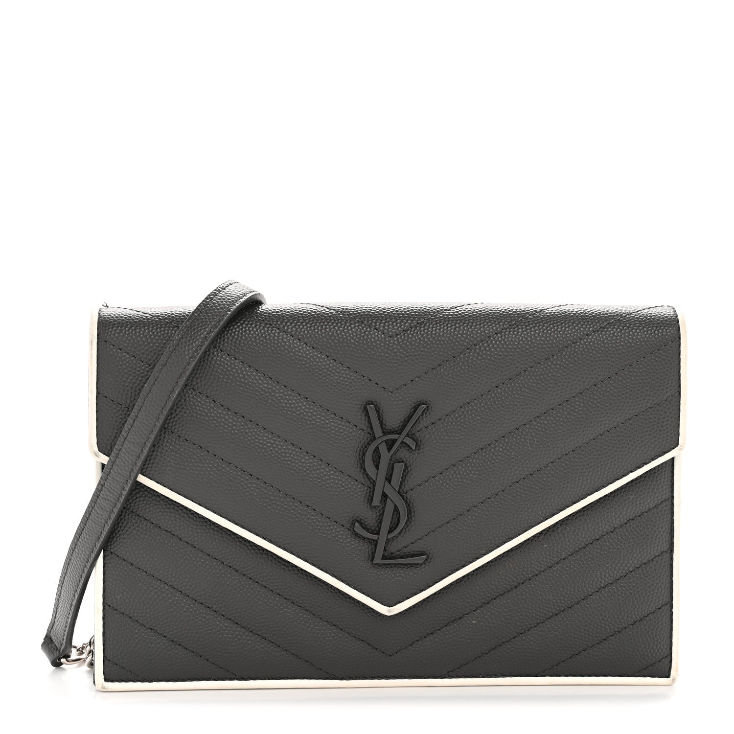 Grain De Poudre Matelasse Chevron Monogram Envelope Chain Wallet Asphalt White