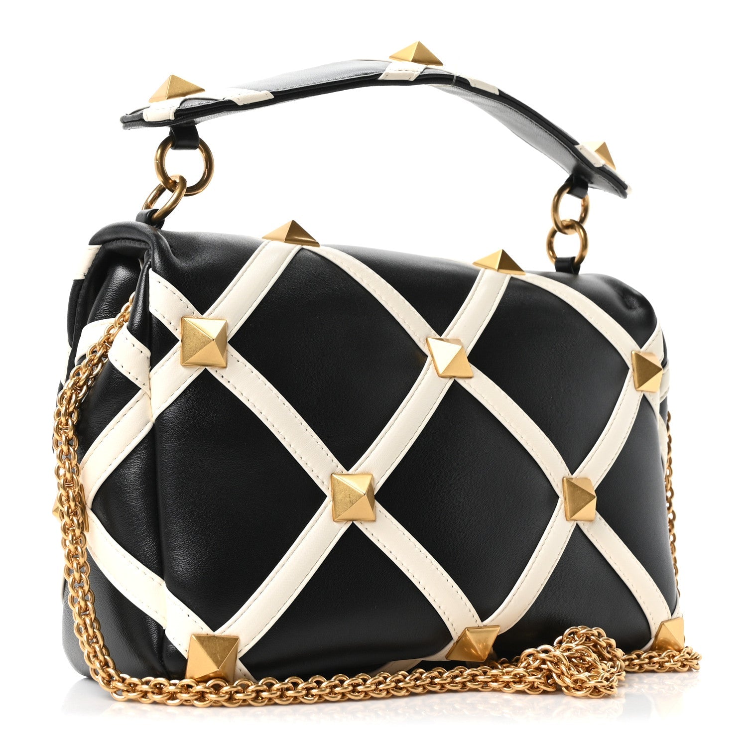 Nappa Large Roman Stud Shoulder Bag Black White