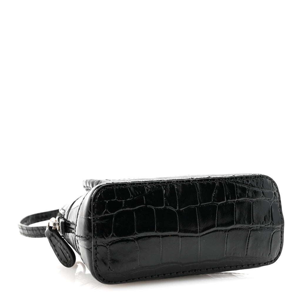 Shiny Calfskin Logo Crocodile Embossed Mini Ville Top Handle Bag Black