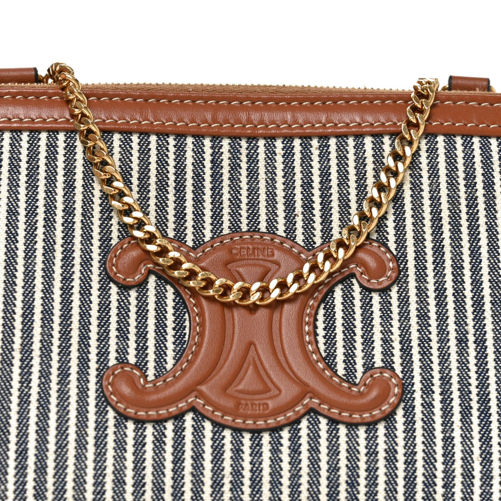 Canvas Calfskin Striped Triomphe Clutch On Chain Navy Blue Tan
