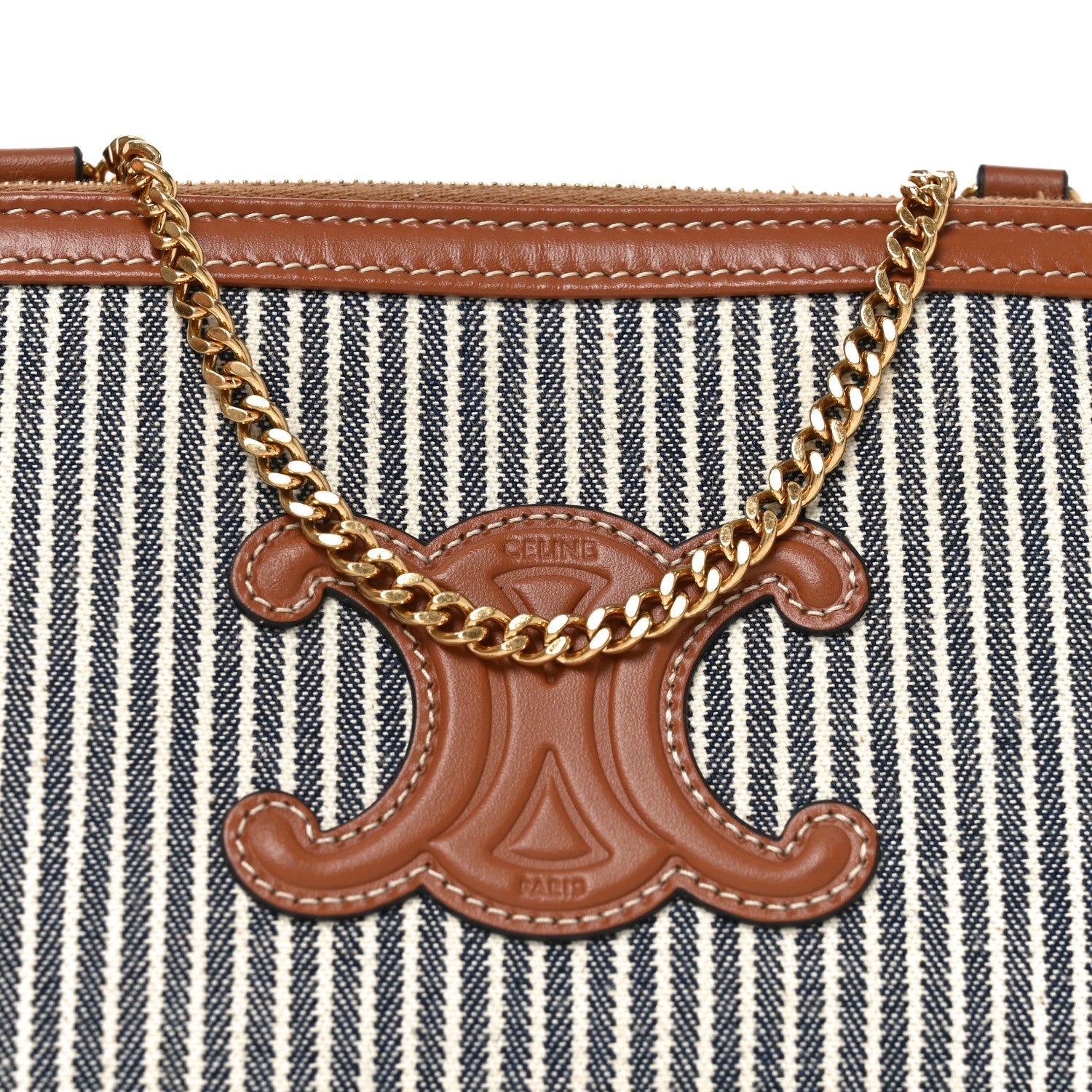 Canvas Calfskin Striped Triomphe Clutch On Chain Navy Blue Tan