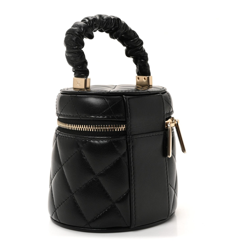 Lambskin Quilted Ruched Handle Vanity Case Black