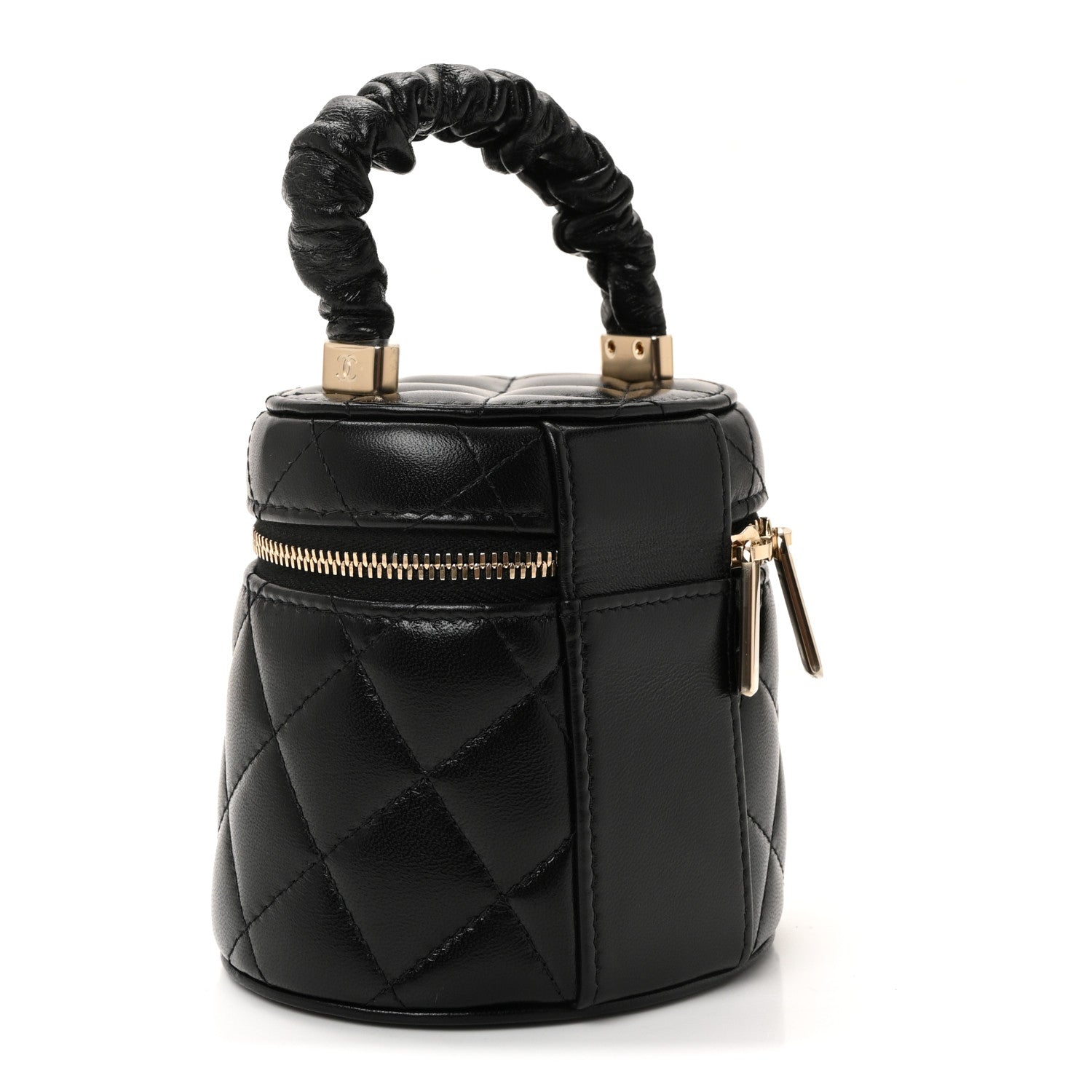 Lambskin Quilted Ruched Handle Vanity Case Black