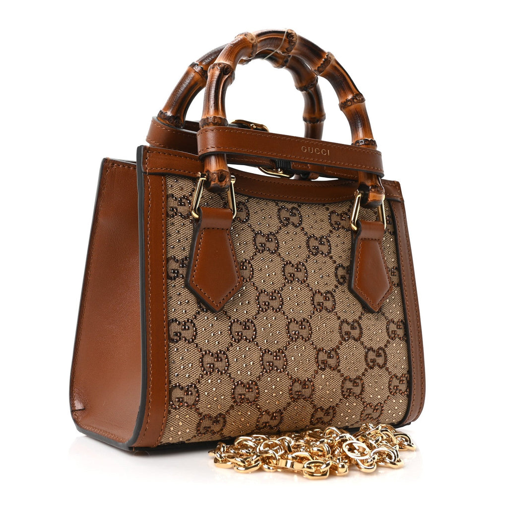 New Canvas Charisma Calfskin Crystal GG Monogram Mini Diana Tote Bag Camel Ebony