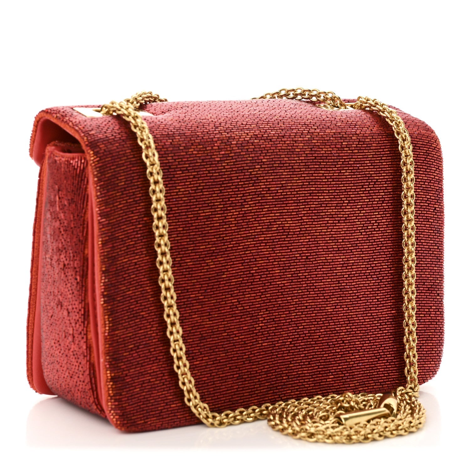 Nappa Beaded One Stud Chain Clutch Red