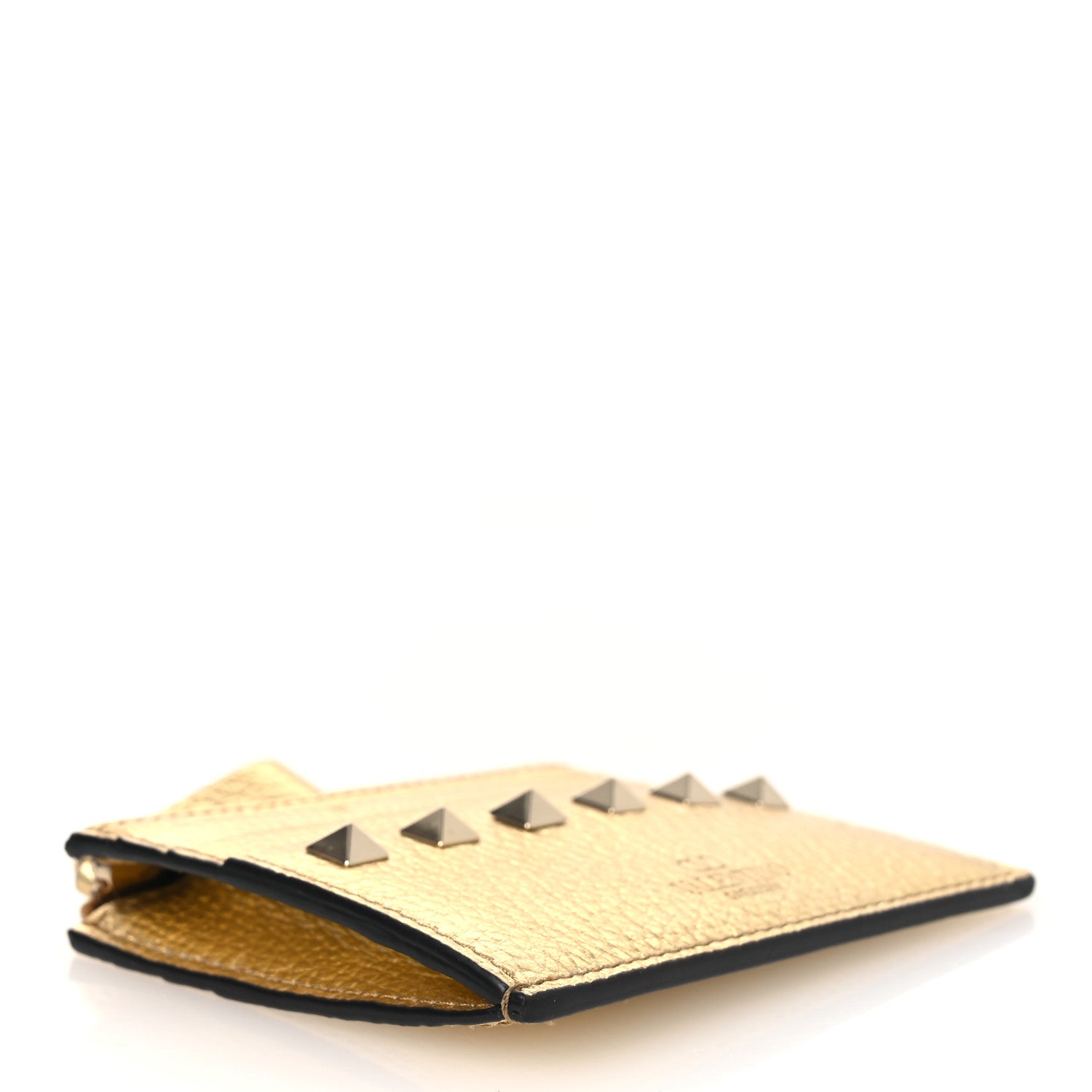 Metallic Pebbled Calfskin Rockstud  Holder With Zipper Gold