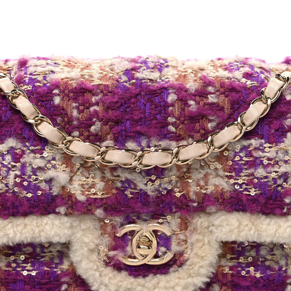 Tweed Shearling Large Flap Bag Purple Beige