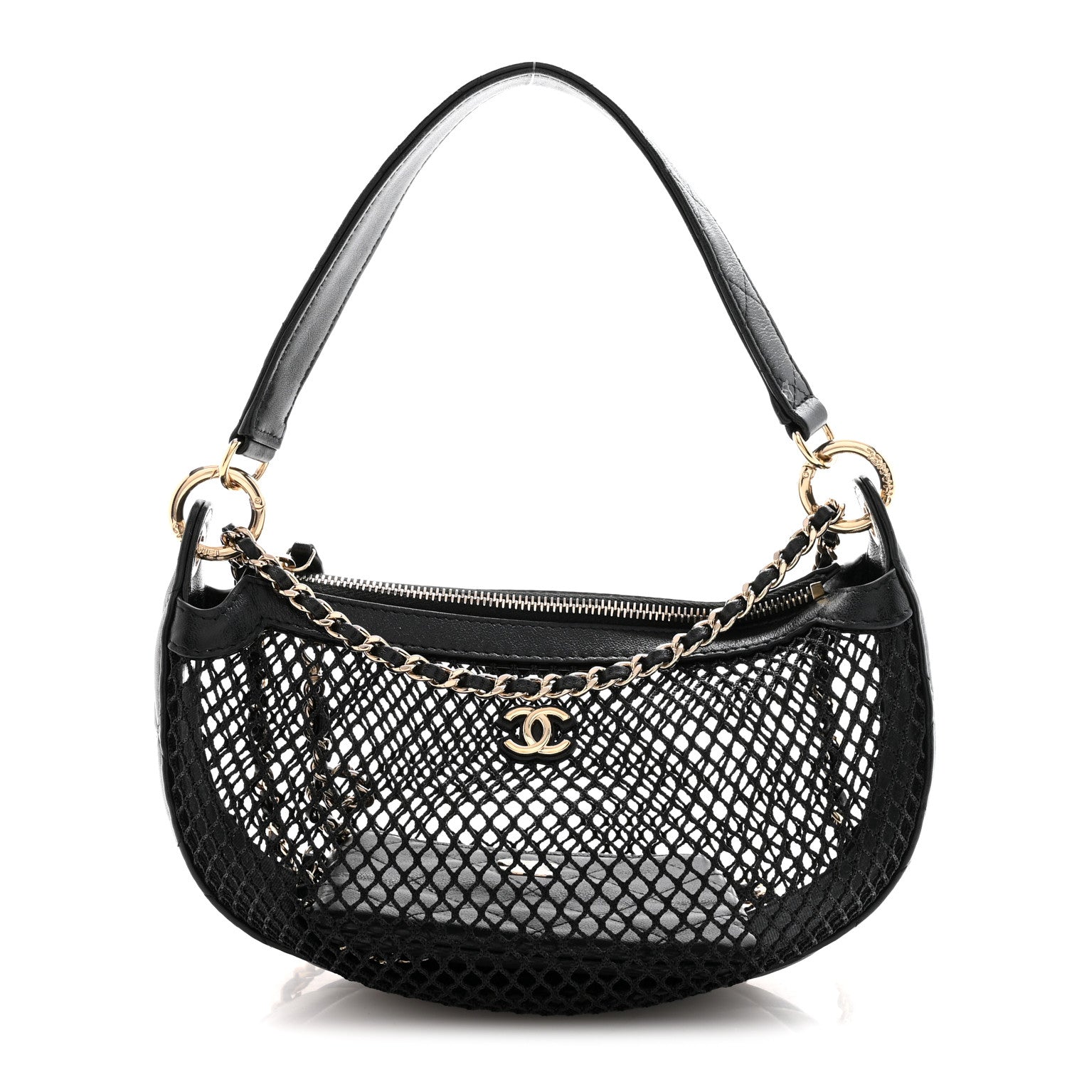 Mesh Shiny Lambskin Chain Hobo Black
