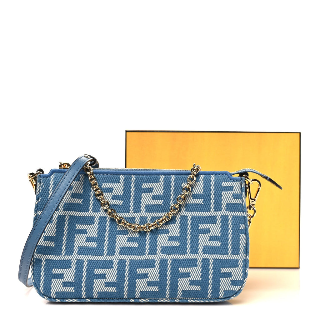 Denim Effect Fabric Jacquard FF Baguette Pouch Blue