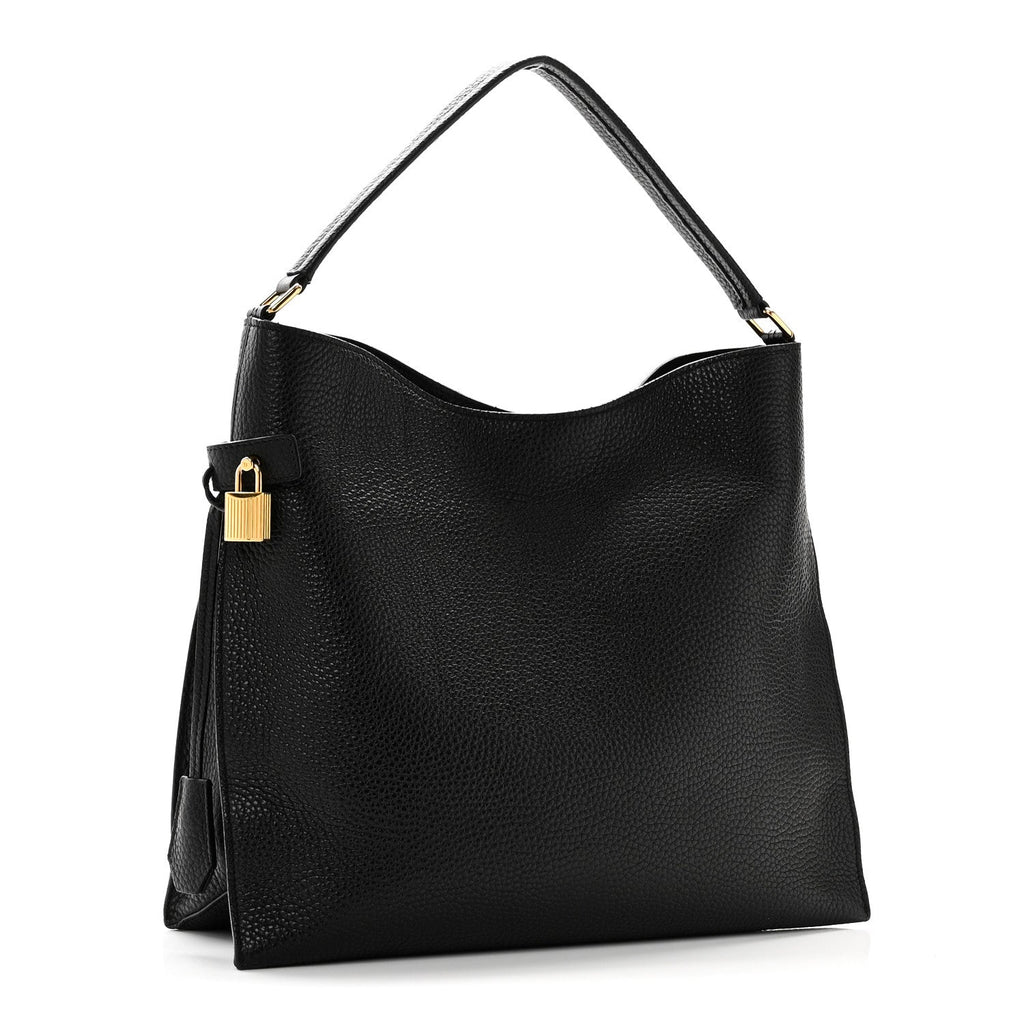 Pebbled Calfskin Small Alix Padlock Zip Hobo Bag Black