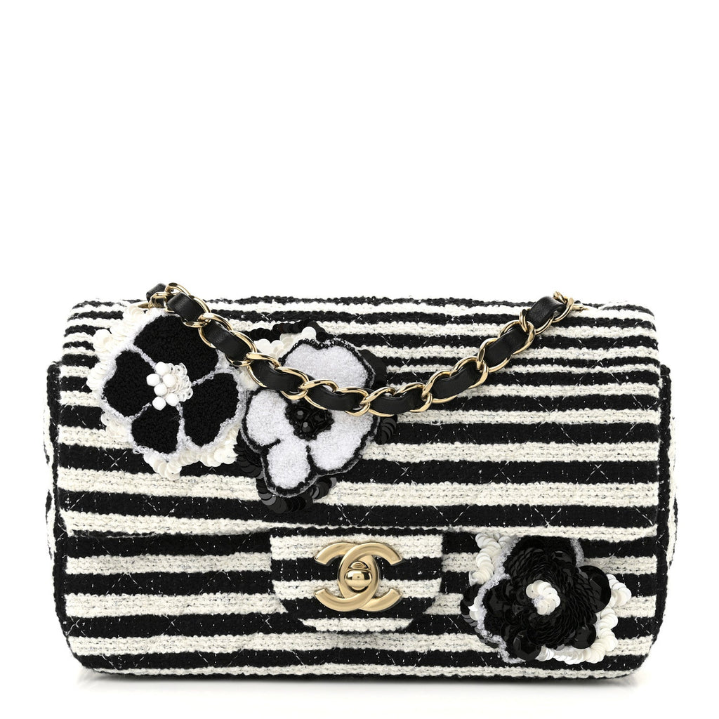 Striped Tweed Sequin Quilted Camellia Embellished Mini Rectangular Flap Ecru Black