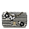 Striped Tweed Sequin Quilted Camellia Embellished Mini Rectangular Flap Ecru Black
