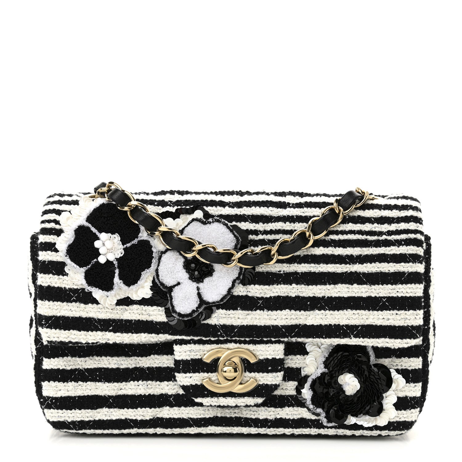 Striped Tweed Sequin Quilted Camellia Embellished Mini Rectangular Flap Ecru Black