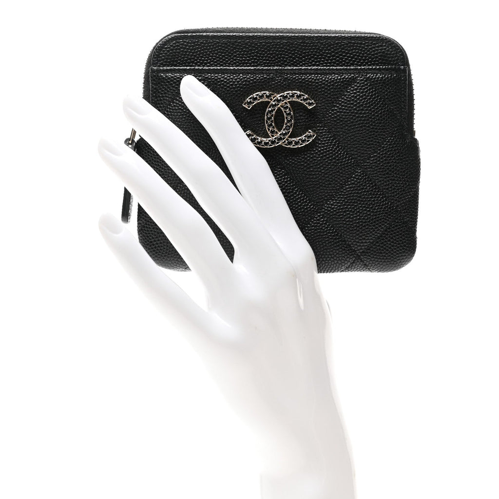 Caviar Quilted Crystal Zip  Holder Wallet Black