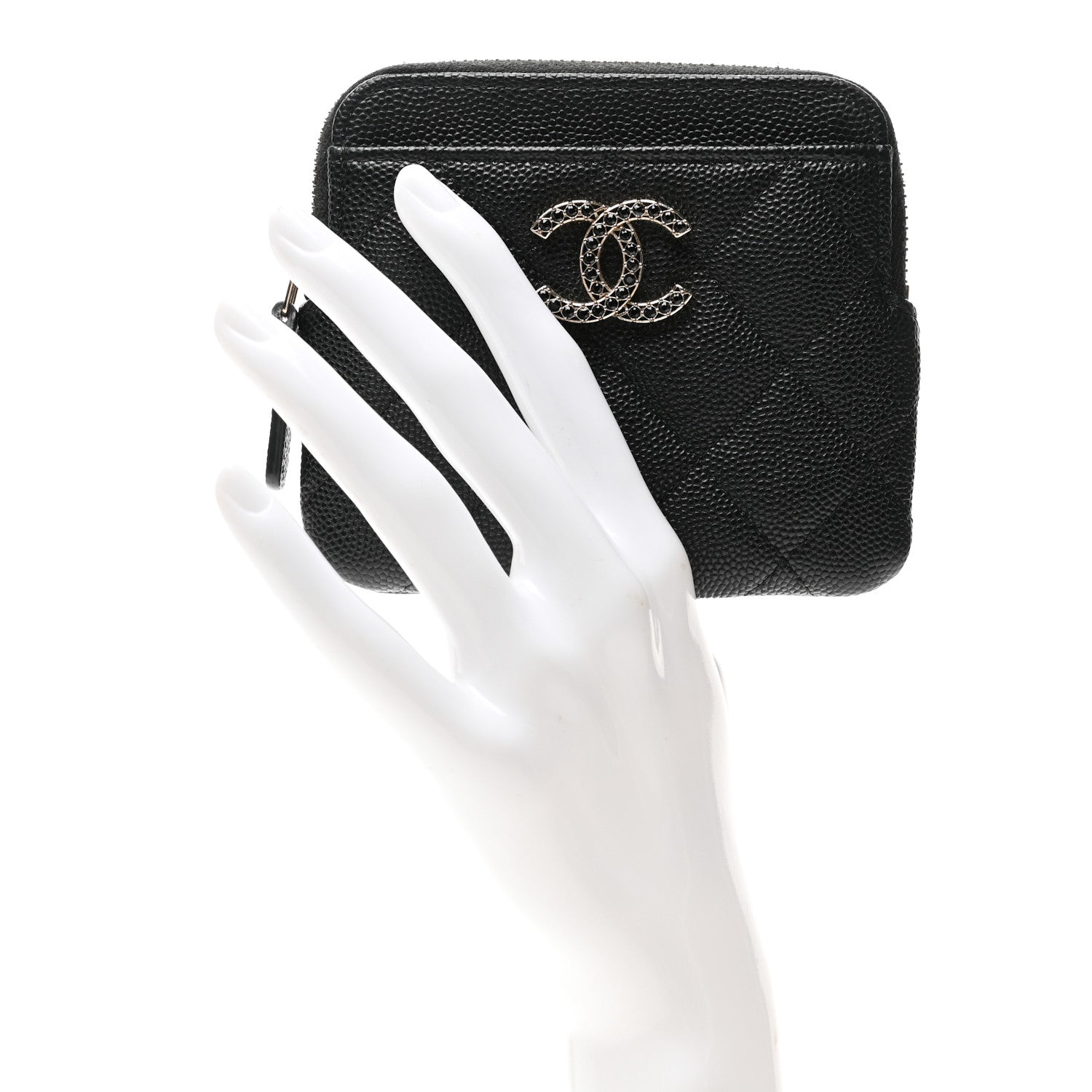 Caviar Quilted Crystal Zip  Holder Wallet Black