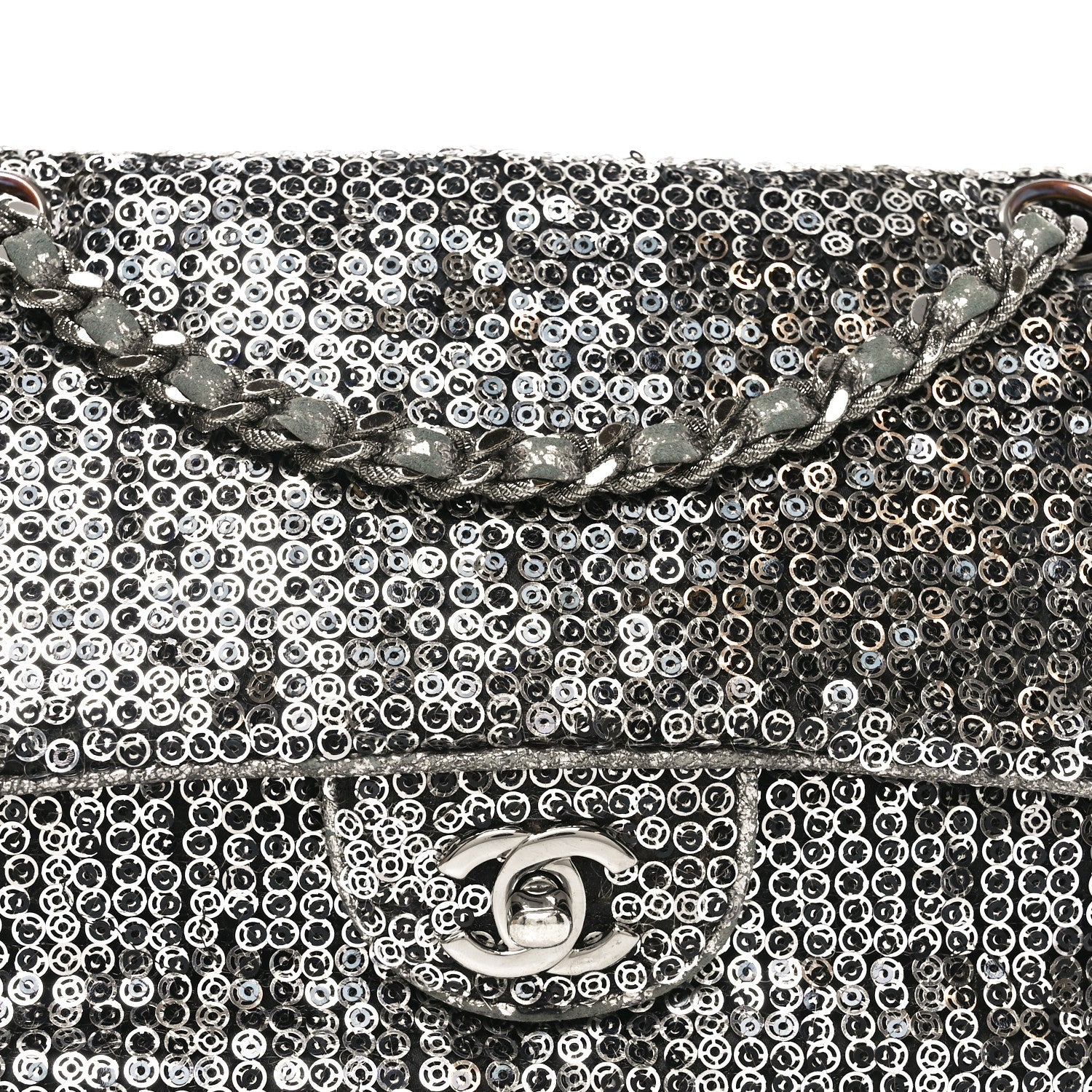 Sequin Medium Single Flap Dark Silver