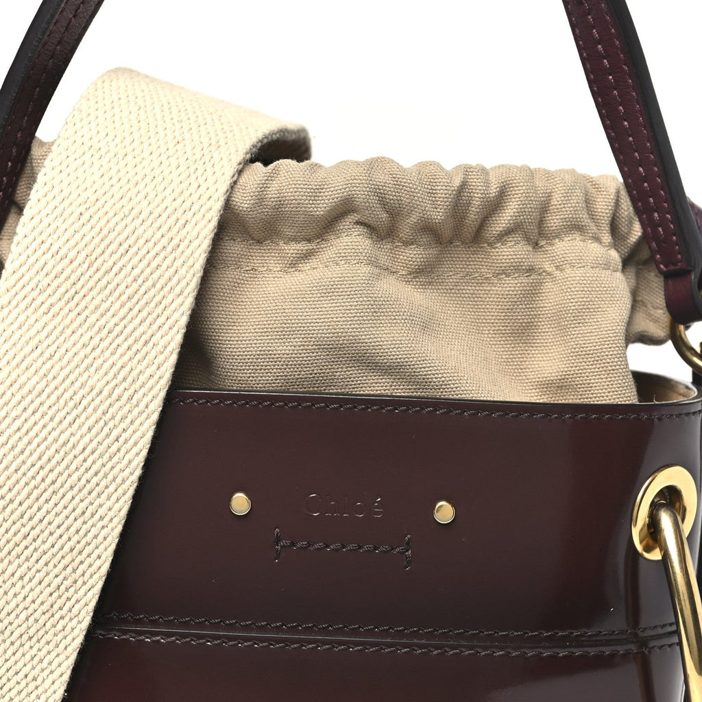 Patent Calfskin Mini Roy Bucket Bag Burnt Brown