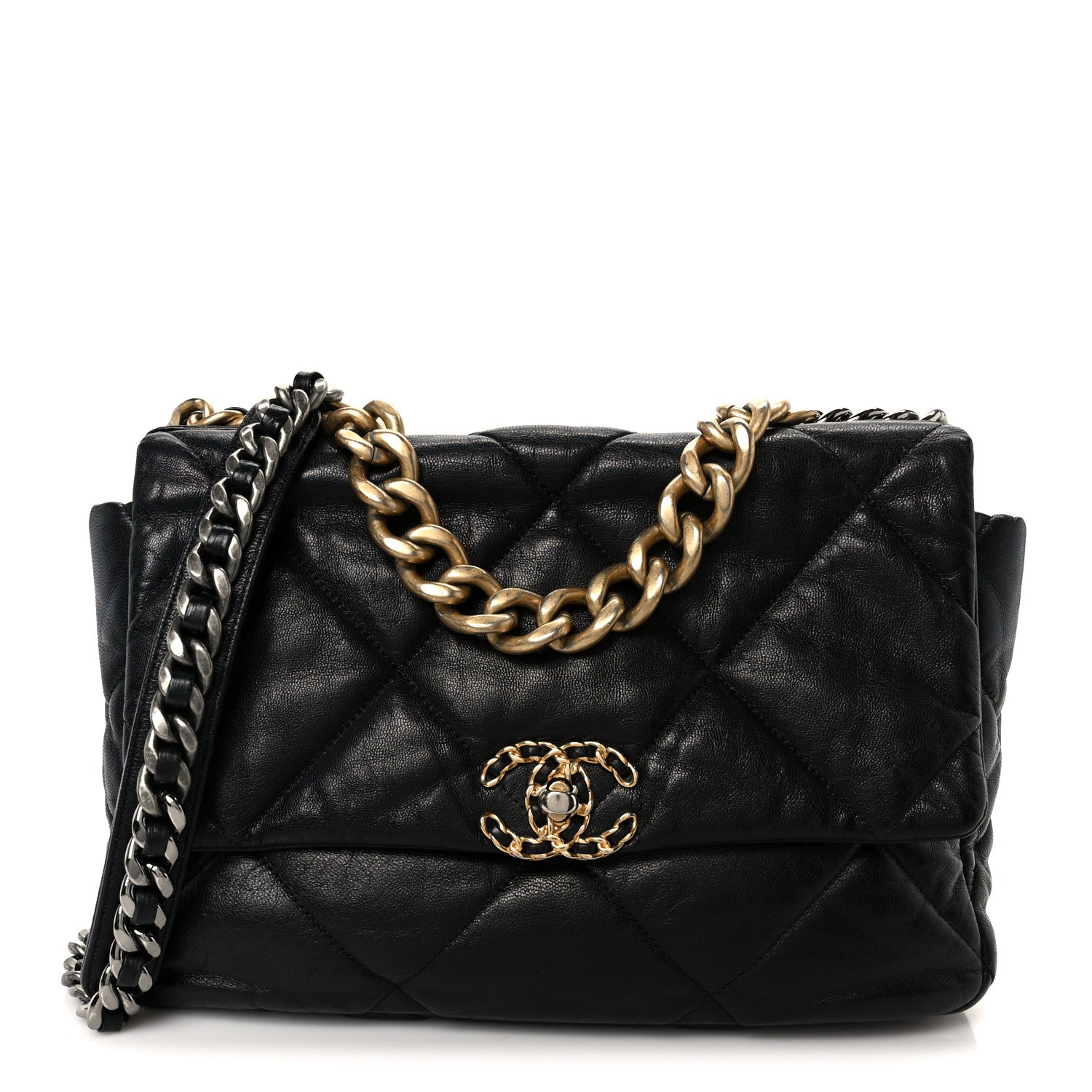 Shiny Goatskin Quilted Large Chanel 19 Flap Black