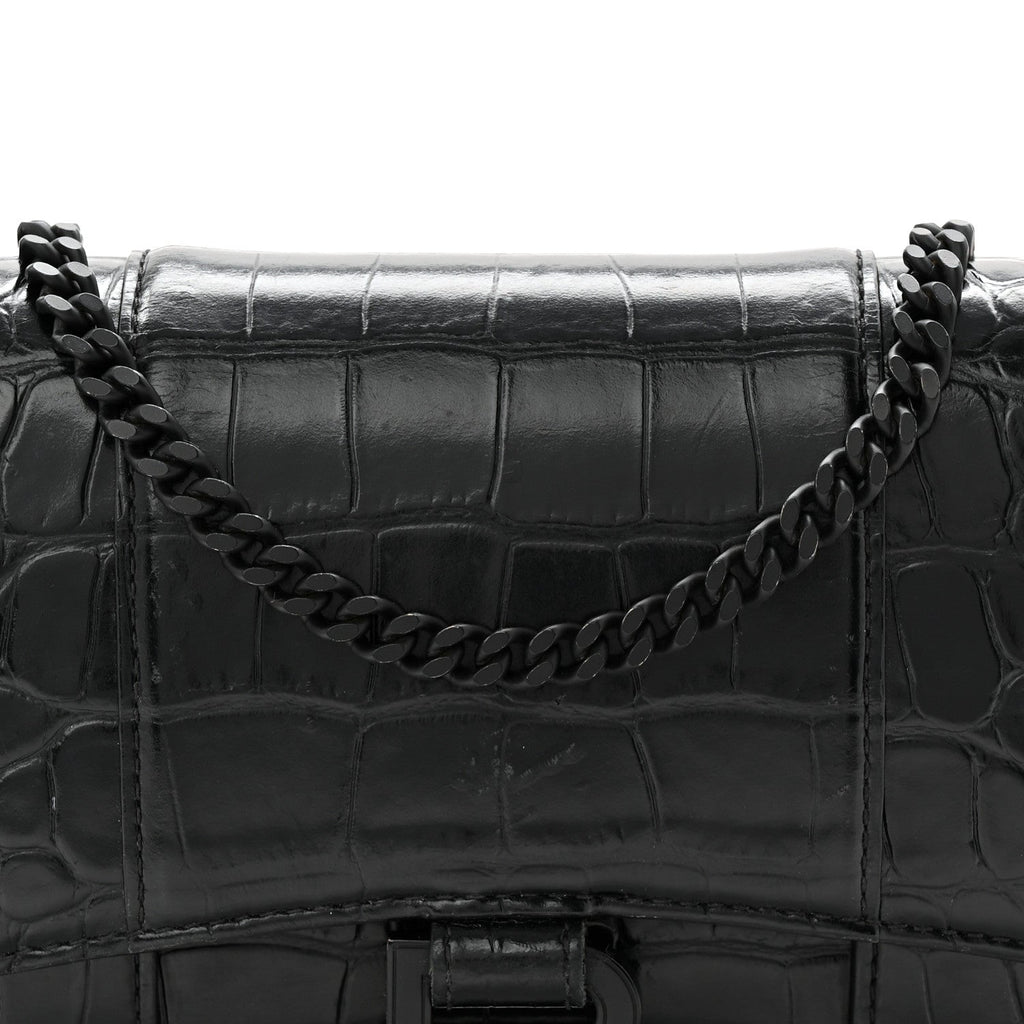 Shiny Calfskin Monochrome Crocodile Embossed Hourglass Chain Bag Black