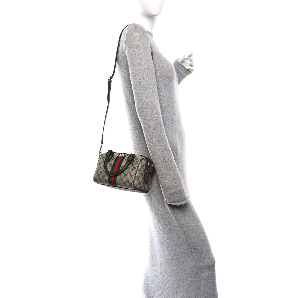 GG Supreme Monogram Textured Dollar Calfskin Web Mini Ophidia Top Handle Bag Beige Ebony New Acero