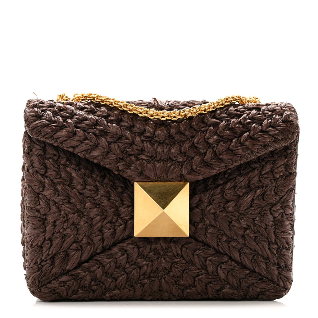 Raffia One Stud Chain Clutch Dark Brown