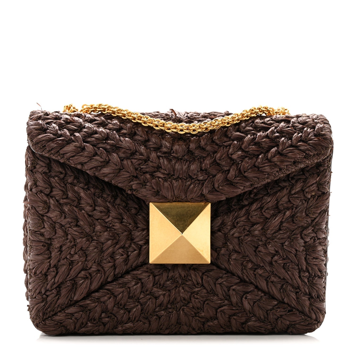 Raffia One Stud Chain Clutch Dark Brown