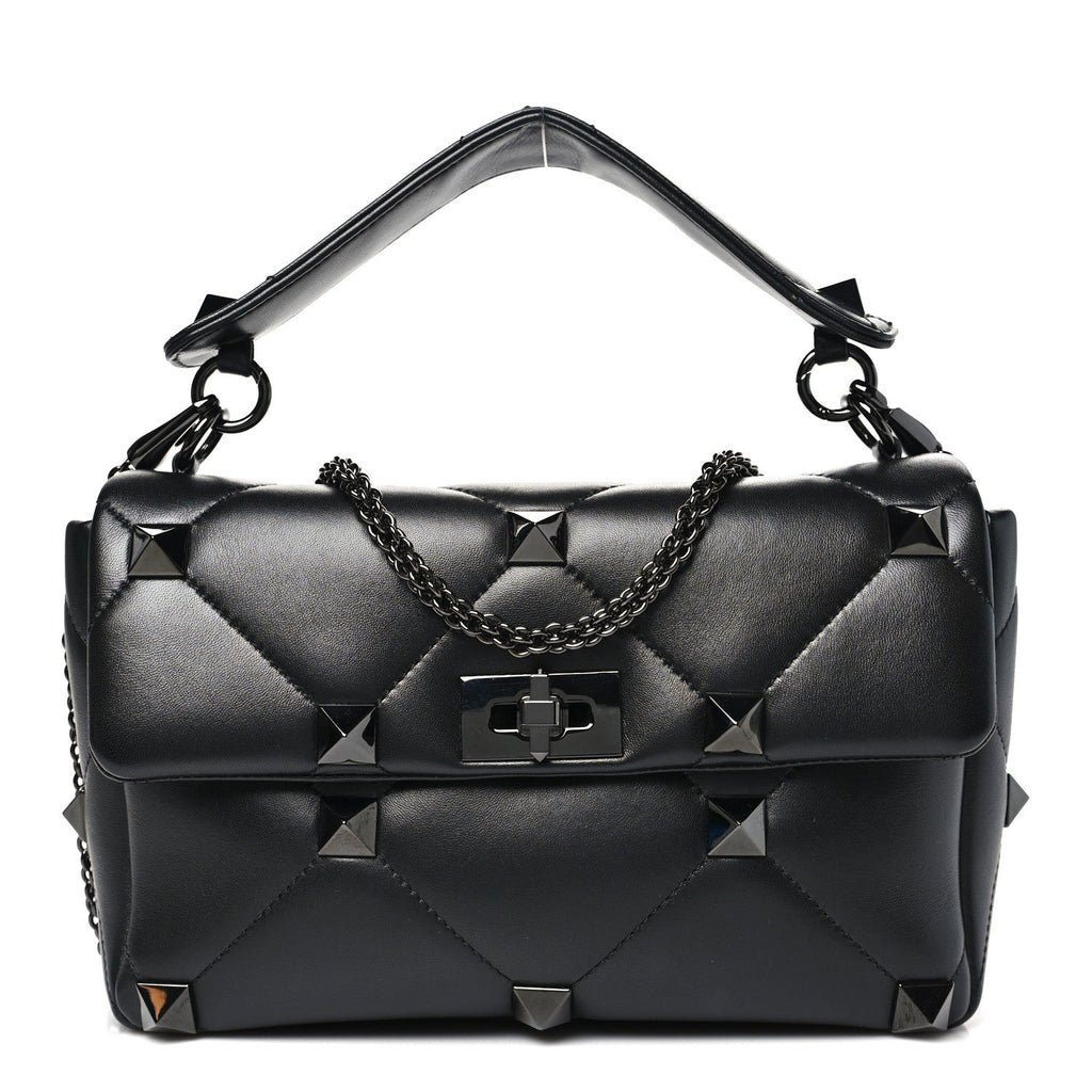 Nappa Monochrome Large Roman Stud Shoulder Bag Black