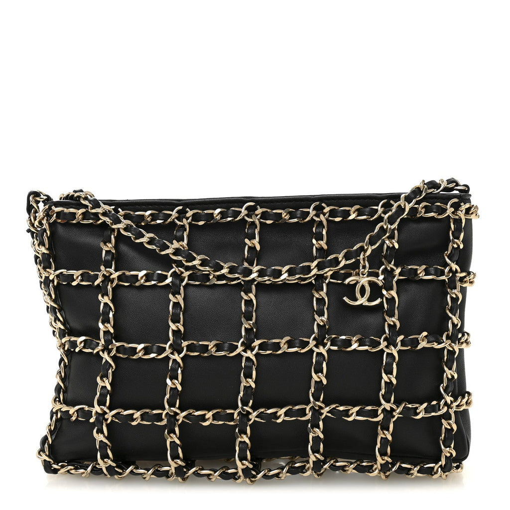 Lambskin Chain Frame Shoulder Bag Black